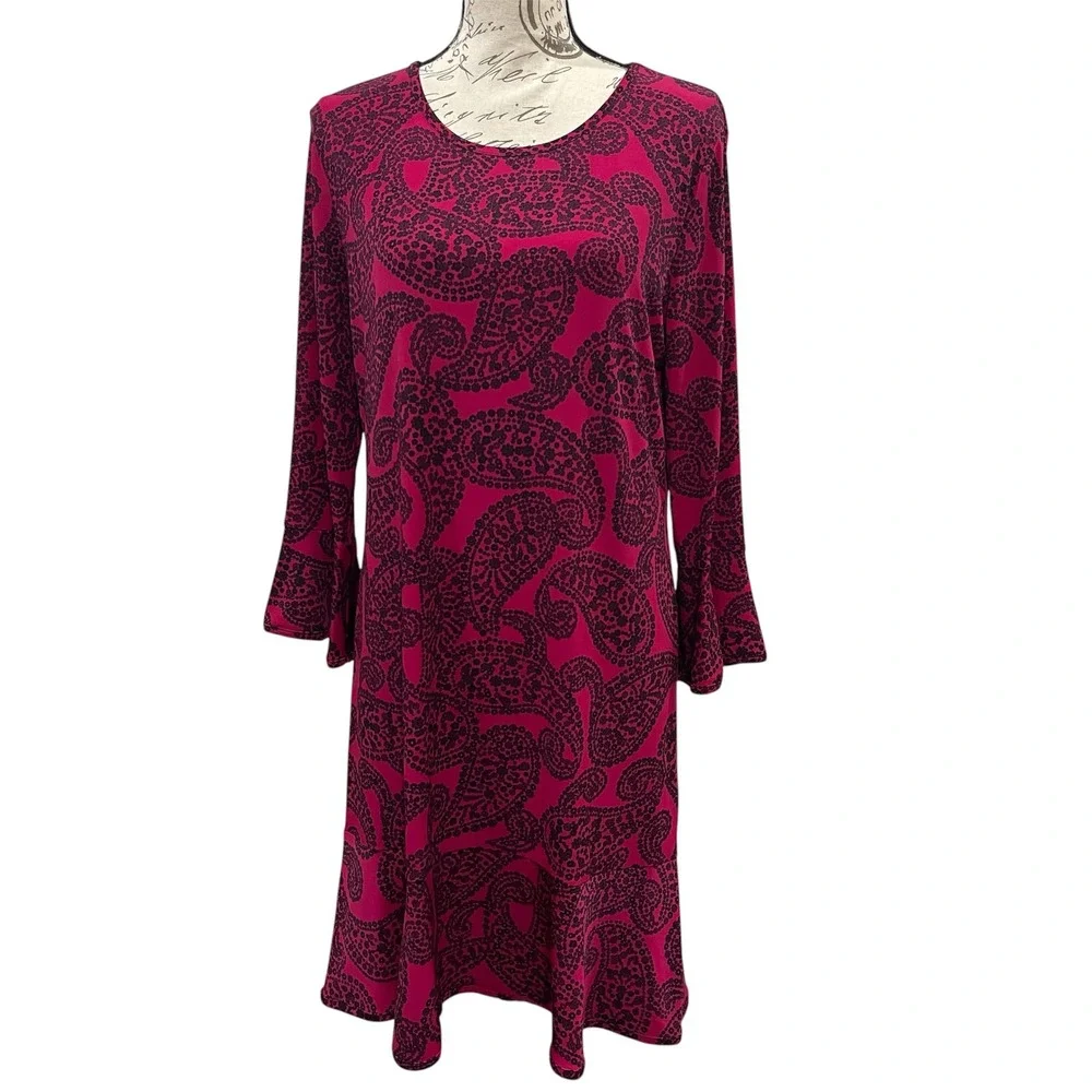 Michael Kors Shift Dress Womens L Pink Paisley Bell‎ Sleeve Flounce Hem Career